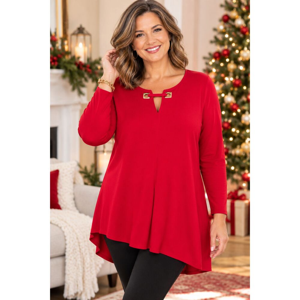 Chico's Size 3 XL 16 Red Tunic Top Long Sleeve Grommet Keyhole Holiday #24